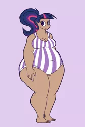 Size: 1000x1500 | Tagged: suggestive, artist:irateliterate, derpibooru import, twilight sparkle, human, ass, barefoot, belly, breasts, chubby, cleavage, clothes, fat, feet, female, humanized, large butt, one-piece swimsuit, solo, solo female, swimsuit, thighlight sparkle, thunder thighs, twibutt, twilard sparkle, wide hips