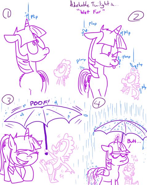 Size: 1280x1611 | Tagged: safe, artist:adorkabletwilightandfriends, derpibooru import, spike, twilight sparkle, twilight sparkle (alicorn), alicorn, pony, comic:adorkable twilight and friends, adorkable twilight, comic, lineart, plot, rain, simple background, slice of life, umbrella, wet, wet hair, wet tail