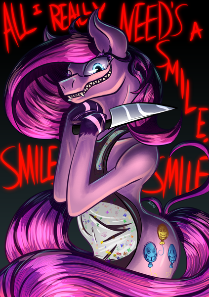 Size: 1600x2272 | Tagged: alternate version, artist:agentesinrebus, clothes, creepy smile, derpibooru import, insanity, knife, pinkamena diane pie, pinkie pie, semi-grimdark, smiling, solo