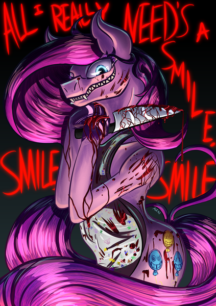 Size: 1600x2272 | Tagged: alternate version, artist:agentesinrebus, blood, clothes, creepy smile, derpibooru import, grimdark, grin, insanity, knife, pinkamena diane pie, pinkie pie, sharp teeth, smiling, solo