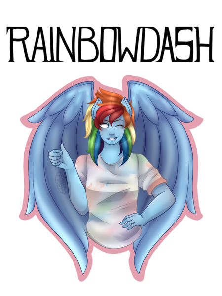 Size: 960x1280 | Tagged: anthro, artist:rainbowhitter, clothes, derpibooru import, no eyes, one eye closed, rainbow dash, safe, shirt, solo, teeth, thumbs up