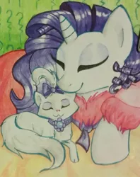 Size: 810x1023 | Tagged: safe, artist:gleamydreams, derpibooru import, opalescence, rarity, cat, pony, bathrobe, clothes, eyes closed, nuzzling, opalbetes, robe, robes, snuggling, traditional art
