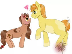 Size: 1002x758 | Tagged: safe, artist:nightingale rosemary, derpibooru import, oc, oc:butter pup, oc:choco pop, unofficial characters only, earth pony, pegasus, pony, chubby, female, hair bow, heart, male, oc x oc, shipping, straight