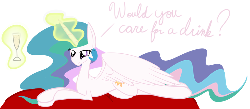 Size: 1264x552 | Tagged: artist:ajrinxooacj, bronybait, champagne, derpibooru import, levitation, magic, missing accessory, princess celestia, prone, safe, solo, telekinesis