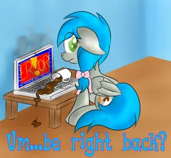 Size: 1316x1217 | Tagged: artist:laptopbrony, brb, coffee, coffee mug, computer, derpibooru import, laptop computer, looking back, oc, oc:darcy sinclair, safe, smoke, solo, spill, table, unofficial characters only