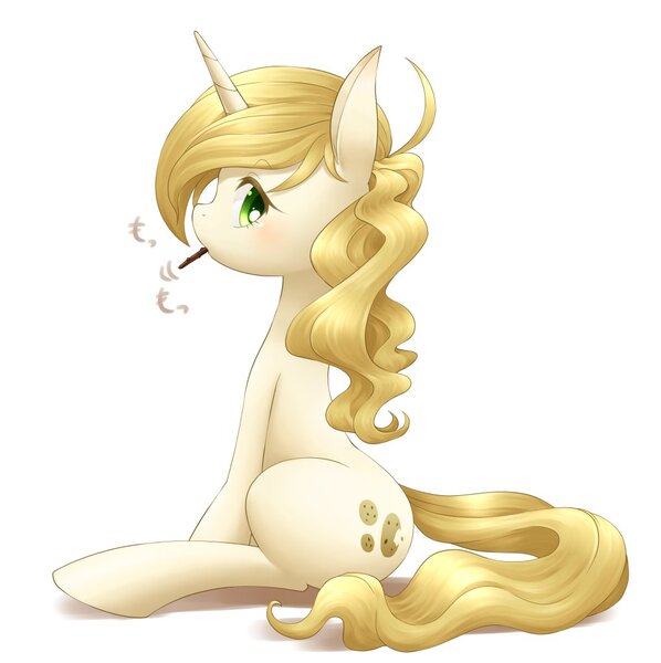 Size: 1020x1024 | Tagged: artist needed, safe, derpibooru import, sweet biscuit, pony, colored pupils, cute, food, looking at you, pocky, shadow, simple background, sitting, solo, white background