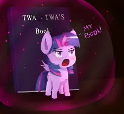 Size: 1600x1463 | Tagged: safe, artist:nihithebrony, derpibooru import, twilight sparkle, twilight sparkle (alicorn), alicorn, pony, book, bookhorse, chibi, force field, open mouth, possessive, solo, spread wings, that pony sure does love books