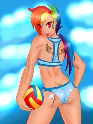 Size: 1800x2400 | Tagged: artist:ryujisama, ass, beach ball, bikini, clothes, cute little fangs, derpibooru import, fangs, female, human, humanized, looking back, rainbow dash, solo, solo female, suggestive, swimsuit, wing tattoo