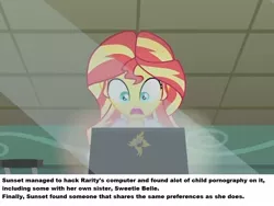 Size: 1014x763 | Tagged: suggestive, derpibooru import, edit, edited screencap, screencap, sunset shimmer, equestria girls, caption, computer, implied foalcon, implied incest, implied raribelle, laptop computer, ponestrip, sunsetbelle