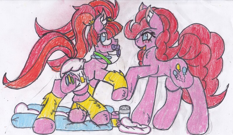 Size: 3353x1936 | Tagged: adult foal, artist:cuddlelamb, derpibooru import, diaper, diaper fetish, pacific glow, pacifier, pinkie pie, poofy diaper, questionable, traditional art