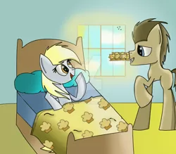 Size: 1024x896 | Tagged: safe, artist:rai2n, derpibooru import, derpy hooves, doctor whooves, time turner, pegasus, pony, bed, bedsheets, breakfast, breakfast in bed, cute, doctorderpy, female, food, male, mare, mouth hold, muffin, shipping, straight, tray