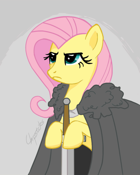 Size: 743x931 | Tagged: artist:chopsticks, badass, brace yourselves, derpibooru import, flutterbadass, fluttershy, game of thrones, meme, rule 85, safe, solo, svg, .svg available, sword, vector, weapon, winter is coming