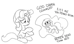 Size: 2000x1200 | Tagged: source needed, safe, artist:skitter, derpibooru import, starlight glimmer, oc, oc:anon, oc:anonfilly, earth pony, pony, unicorn, abuse, angry, bite mark, black and white, brawl, communism, dialogue, female, filly, flailing, floppy ears, frown, glare, glimmerbuse, glowing horn, grayscale, levitation, magic, magic abuse, magic aura, mare, monochrome, open mouth, pvp, sad, shout, simple background, sitting, stalin glimmer, telekinesis, vulgar, white background, yelling