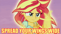 Size: 480x270 | Tagged: safe, derpibooru import, edit, edited screencap, screencap, sunset shimmer, phoenix, equestria girls, my past is not today, animated, caption, fiery shimmer, image macro, inazuma eleven, inazuma eleven go, inazuma eleven go chrono stone, meme, reference, song, song reference, sunset phoenix, video game