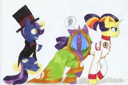 Size: 3200x2124 | Tagged: safe, artist:frozensoulpony, derpibooru import, oc, oc:midnight prose, oc:stellar rays, oc:twilight warrior, unofficial characters only, clothes, dress, hair over eyes, hat, offspring, parent:comet tail, parents:cometlight, parent:twilight sparkle, top hat