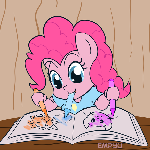 Size: 1000x1000 | Tagged: artist:empyu, coloring, coloring book, crayon, derpibooru import, mouth hold, pinkie pie, safe, solo