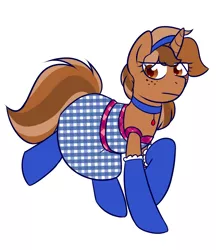Size: 1084x1255 | Tagged: safe, artist:caballerial, derpibooru import, oc, oc:sign, unofficial characters only, pony, unicorn, :i, choker, clothes, dress, headband, looking at you, sign, simple background, socks, solo, unmoving plaid, white background