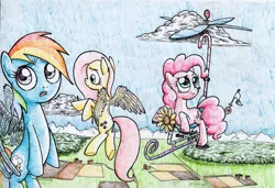 Size: 4955x3395 | Tagged: artist:smellslikebeer, cloud, crosshatch, derpibooru import, fluttershy, flying, ink, pedalcopter, perplexed, pinkie pie, rainbow dash, safe, spread wings, traditional art, trio