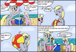 Size: 3101x2107 | Tagged: safe, artist:ciriliko, derpibooru import, derpy hooves, dinky hooves, pegasus, pony, air nozzle, beach, beach ball, blowing, comic, creeper, engrish, female, food, grammar error, inflating, mare, muffin, puffy cheeks