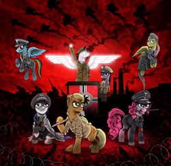 Size: 5000x4834 | Tagged: grimdark, artist:moderatelydeviant, derpibooru import, applejack, fluttershy, pinkie pie, princess celestia, rainbow dash, rarity, twilight sparkle, alicorn, earth pony, pegasus, pony, unicorn, absurd resolution, alternate hairstyle, artillery, barbed wire, cap, clothes, female, flying, frown, glare, glow, glowing eyes, gritted teeth, hammer, hat, hoof hold, lidded eyes, looking at you, mane six, mare, military uniform, missing horn, nazi, podium, raised hoof, schutzstaffel, shirt, sitting, spread wings, tank (vehicle), uniform, wings, worker