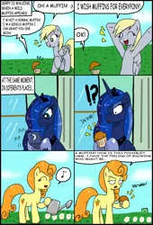 Size: 2176x3196 | Tagged: safe, artist:ciriliko, derpibooru import, carrot top, derpy hooves, golden harvest, princess luna, pegasus, pony, gamer luna, comic, creeper, engrish, female, food, grammar error, mare, muffin, that pony sure does love muffins