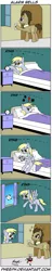 Size: 515x2700 | Tagged: safe, artist:pheeph, derpibooru import, derpy hooves, doctor whooves, time turner, pegasus, pony, alarm clock, bed, comic, doorbell, female, mare, old master q, parody, sleeping