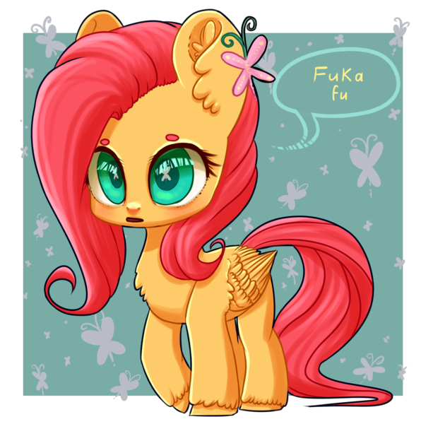 Size: 2300x2250 | Tagged: artist:yellow-snail, chest fluff, cutie mark eyes, derpibooru import, ear fluff, fluttershy, japanese, safe, solo, unshorn fetlocks, wingding eyes