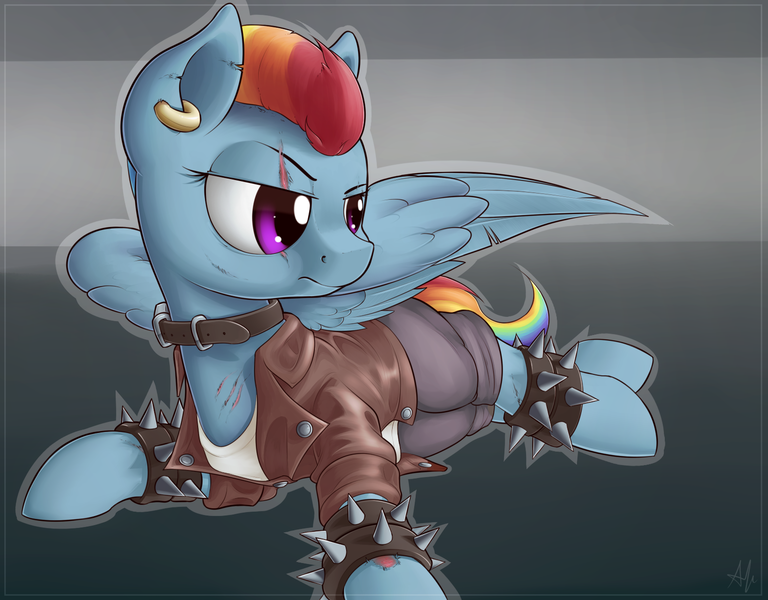 Size: 1600x1250 | Tagged: safe, artist:anti1mozg, derpibooru import, rainbow dash, oc, oc:dash vendar, pegasus, pony, fanfic:broken toy, clothes, collar, ear piercing, earring, eye scar, fanfic art, image, injured, jacket, jewelry, pants, piercing, png, prone, scar, shirt, solo, spiked wristband