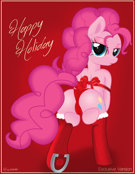 Size: 7456x9616 | Tagged: questionable, artist:pyruvate, artist:reduxdrawer8k, derpibooru import, edit, pinkie pie, semi-anthro, absurd resolution, backbend, balloonbutt, bondage, bow, cameltoe, christmas, clothes, female, gift art, gift wrapped, heart, label, looking at you, looking back, panties, present, ribbon, sexy, simple background, socks, solo, solo female, stockings, tail bow, tail wrap, tied up, underhoof, underwear