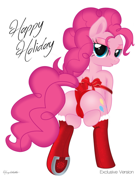 Size: 7456x9616 | Tagged: questionable, artist:pyruvate, artist:reduxdrawer8k, derpibooru import, edit, pinkie pie, semi-anthro, absurd resolution, backbend, balloonbutt, bondage, bow, cameltoe, christmas, clothes, female, gift art, gift wrapped, heart, horseshoes, looking at you, looking back, panties, present, ribbon, sexy, simple background, socks, solo, solo female, stockings, tail bow, tail wrap, tied up, transparent background, underhoof, underwear