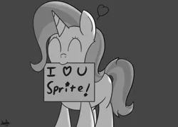Size: 700x500 | Tagged: safe, artist:spritepony, derpibooru import, trixie, oc, oc:sprite, pony, unicorn, canon x oc, female, grayscale, implied sprite, lesbian, mare, monochrome, mouth hold, my little art challenge, shipping, sign, solo