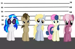 Size: 1138x742 | Tagged: safe, artist:metalgriffen69, artist:mylittleprimo, derpibooru import, bon bon, cheerilee, derpy hooves, doctor whooves, sweetie drops, time turner, vinyl scratch, pegasus, pony, female, mare, size chart, size comparison, the usual suspects