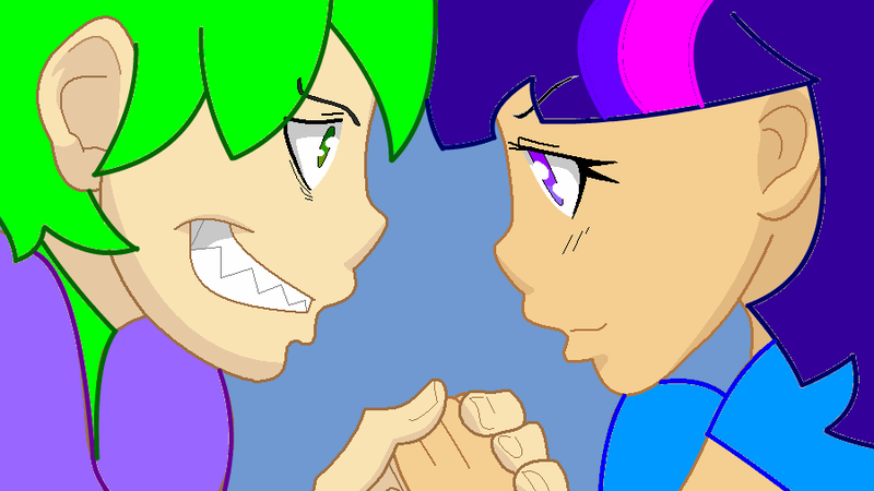 Size: 900x506 | Tagged: safe, artist:floydfreshair, derpibooru import, spike, twilight sparkle, human, arm wrestling, duo, humanized, looking at each other, sharp teeth, simple background, smiling