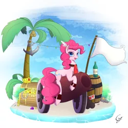 Size: 2000x2000 | Tagged: alcohol, anchor, artist:joe0316, artist:laptop-pone, barrel, box, cannon, coconut, coconut tree, coin, crown, derpibooru import, ear piercing, explosives, flag, food, gem, gold, jewelry, open mouth, palm tree, pearl necklace, piercing, pinkie pie, pirate, regalia, rum, safe, solo, tnt, treasure chest, tree, whiskey