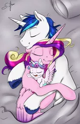 Size: 776x1200 | Tagged: artist:silfoe, cuddle puddle, cuddling, cute, cutedance, derpibooru import, drool, eyes closed, family, female, flurrybetes, happy, male, pony pile, princess cadance, princess flurry heart, royal sketchbook, safe, shining adorable, shining armor, shiningcadance, shipping, silfoe is trying to murder us, sleeping, smiling, straight