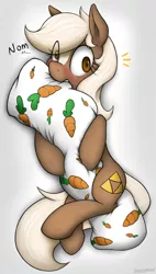 Size: 900x1580 | Tagged: safe, artist:anearbyanimal, derpibooru import, ponified, earth pony, pony, blushing, body pillow, carrot, cute, epona, eponadorable, female, food, looking at you, mare, nom, ponepona, surprised, the legend of zelda, triforce, wallpaper