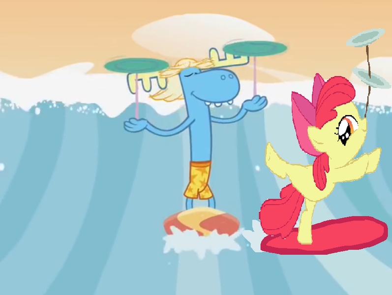 Size: 954x718 | Tagged: apple bloom, beach, bipedal, derpibooru import, edit, edited screencap, happy tree friends, lumpy, lumpy bloom, plate spinning, safe, screencap, shipping, surfboard, the cutie pox, wave