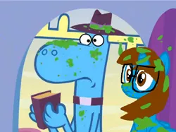 Size: 958x718 | Tagged: safe, derpibooru import, edit, edited screencap, screencap, oc, oc:sandra garcia, unofficial characters only, alicorn, pony, 1000 hours in ms paint, alicorn oc, book, collar, exorcist, green vomit, happy tree friends, hat, hilarious, lumpy, ms paint, priest, sandpy, shipping, silly, slime, wut face