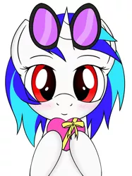 Size: 1000x1339 | Tagged: safe, artist:mansun, derpibooru import, vinyl scratch, present, red eyes, solo, wrong eye color