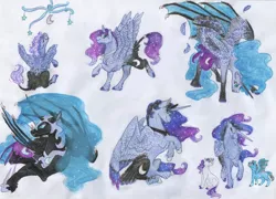 Size: 6721x4834 | Tagged: safe, artist:dawn22eagle, derpibooru import, nightmare moon, princess luna, oc, oc:heavenly aster, oc:raven dusk, bat pony, classical unicorn, pony, unicorn, luna eclipsed, absurd resolution, adopted offspring, bat wings, cloven hooves, colored hooves, colored wings, colored wingtips, colt, crib mobile, ethereal mane, filly, jewelry, leg rings, leonine tail, male, necklace, next generation, original designs, original style, parent:princess luna, realistic horse legs, tail feathers, timeline, traditional art, transformation, unshorn fetlocks, woona