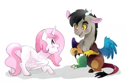 Size: 1024x681 | Tagged: safe, artist:hikariviny, derpibooru import, discord, princess celestia, alicorn, draconequus, pony, blank flank, blushing, butt, cewestia, colored hooves, cute, cutelestia, daaaaaaaaaaaw, discute, duo, duo male and female, female, filly, filly celestia, foal, looking at each other, male, open mouth, pink-mane celestia, plot, shadow, simple background, sitting, smiling, spread wings, spreading, standing, sunbutt, weapons-grade cute, white background, wings, young discord, younger