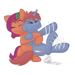 Size: 1000x1000 | Tagged: safe, artist:hoodwinkedtales, derpibooru import, oc, oc:fruit punch, oc:prime warner, unofficial characters only, earth pony, pony, unicorn, fanfic:blank, cute, cutie mark, flailing, simple background, snuggling, transparent background