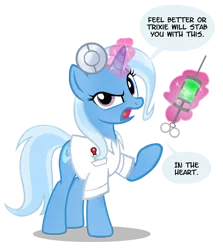 Size: 900x1007 | Tagged: safe, artist:pixelkitties, derpibooru import, trixie, pony, unicorn, clothes, doctor, female, glowing horn, magic, mare, simple background, solo, speech, speech bubble, syringe, telekinesis, transparent background, uniform, vector