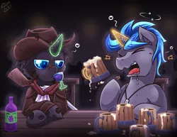 Size: 1944x1500 | Tagged: safe, artist:vavacung, derpibooru import, oc, unofficial characters only, changeling, pony, unicorn, alcohol, bar, clothes, cowboy hat, drink, drinking, drool, drunk, gun, hat, male, mug, open mouth, weapon