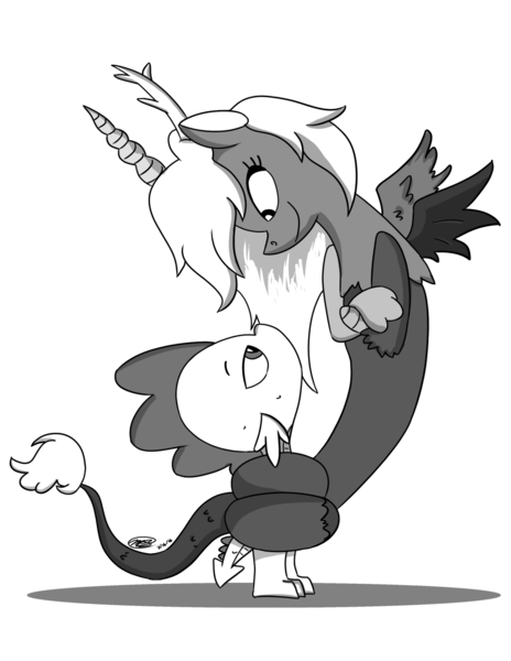 Size: 1280x1656 | Tagged: artist:loreto-arts, derpibooru import, discord, dispike, eris, female, grayscale, half r63 shipping, male, monochrome, rule 63, safe, shipping, spike, straight