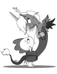 Size: 1280x1656 | Tagged: artist:loreto-arts, derpibooru import, discord, dispike, eris, female, grayscale, half r63 shipping, male, monochrome, rule 63, safe, shipping, spike, straight