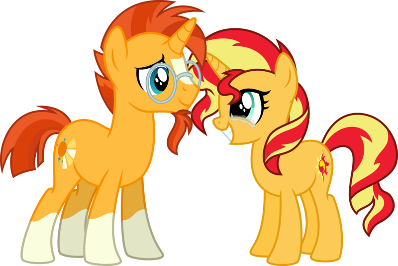 Size: 5310x3544 | Tagged: safe, artist:osipush, derpibooru import, sunburst, sunset shimmer, pony, unicorn, absurd resolution, cousins, crying, cute, duo, facial hair, female, glasses, goatee, grin, headcanon, male, missing accessory, reunion, simple background, smiling, socks (coat marking), sunny siblings, tears of joy, teary eyes, transparent background, trash, vector