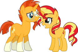 Size: 5310x3544 | Tagged: safe, artist:osipush, derpibooru import, sunburst, sunset shimmer, pony, unicorn, absurd resolution, cousins, crying, cute, duo, facial hair, female, glasses, goatee, grin, headcanon, male, missing accessory, reunion, simple background, smiling, socks (coat marking), sunny siblings, tears of joy, teary eyes, transparent background, trash, vector