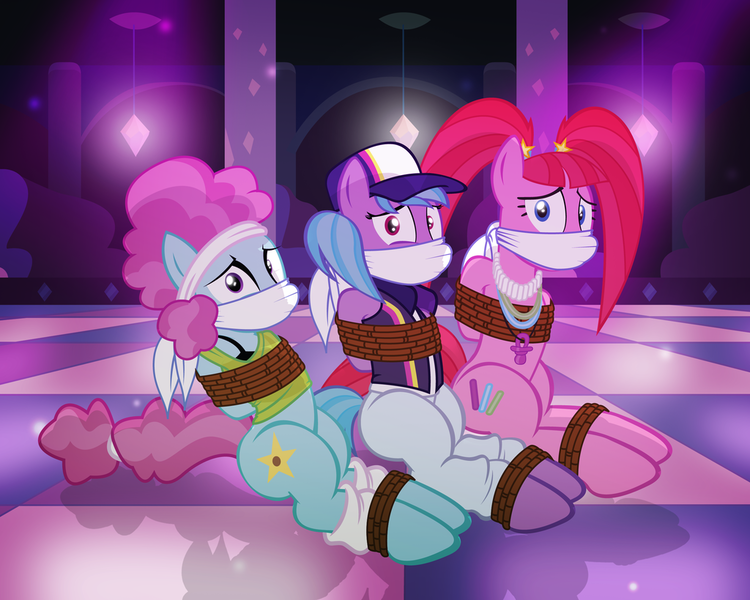 Size: 1024x819 | Tagged: artist:radiantrealm, azure velour, bondage, clothes, cloth gag, club pony party palace, damsel in distress, dance floor, derpibooru import, flashdancer, gag, kidnapped, looking at you, pacific glow, pacifier, pants, questionable, raver, ropes, scared, show accurate, show accurate porn, the saddle row review, tied up, trio