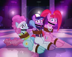 Size: 1024x819 | Tagged: artist:radiantrealm, azure velour, ballgag, bondage, cap, clothes, club pony party palace, damsel in distress, dance floor, derpibooru import, flashdancer, gag, hat, kidnapped, looking at you, pacific glow, pants, raver, ropes, scared, show accurate, show accurate porn, suggestive, the saddle row review, tied up, trio